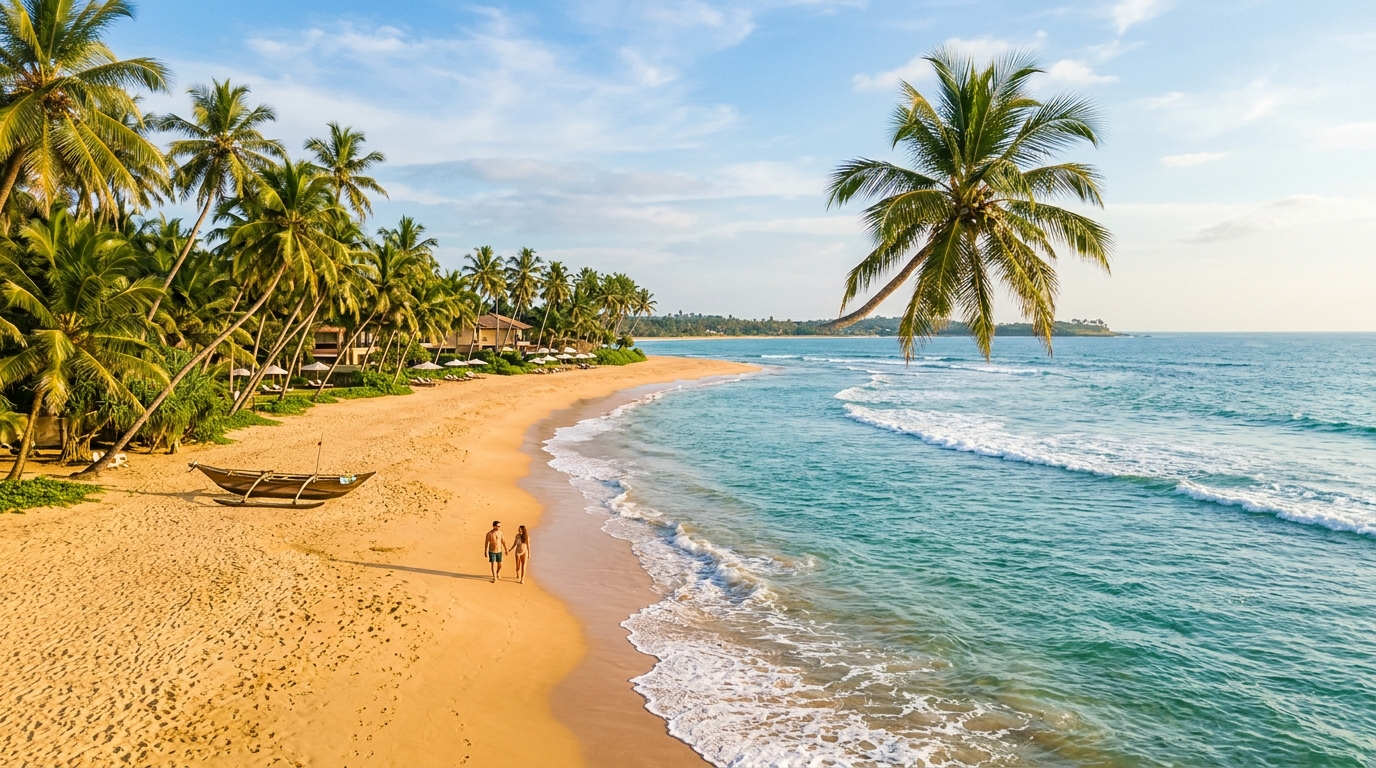 Golden palm-fringed tropical beach and turquoise ocean waves in Bentota